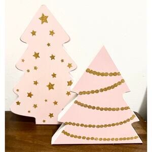 NWT: Paper to Quill - Set of 2, Pink Christmas, Wooden Trees with Gold Glitter